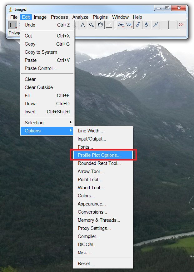 Open the ImageJ Profile Plot Options