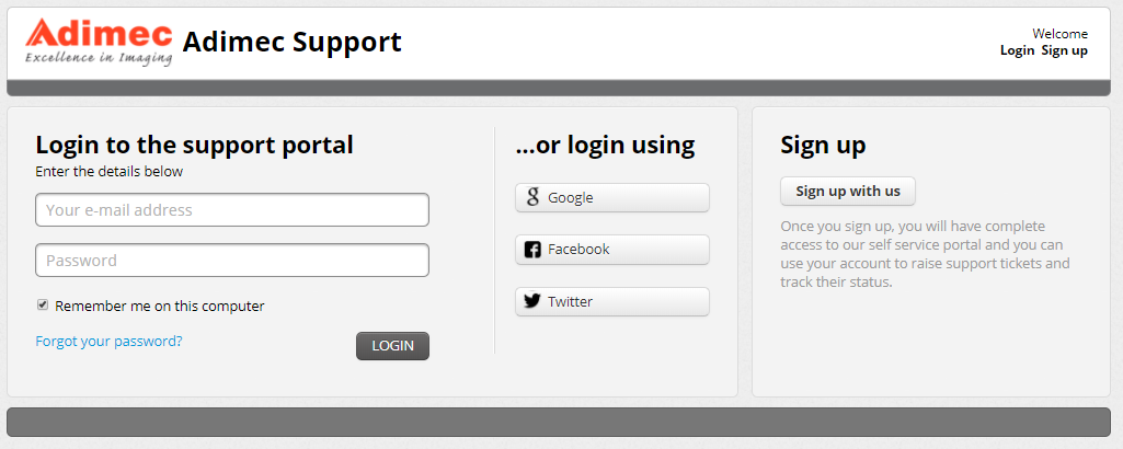 Support portal login screen